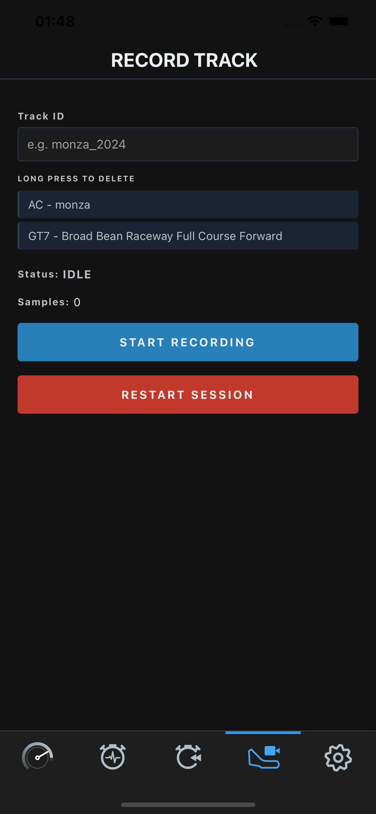 Record Track screen showing the Start Recording button