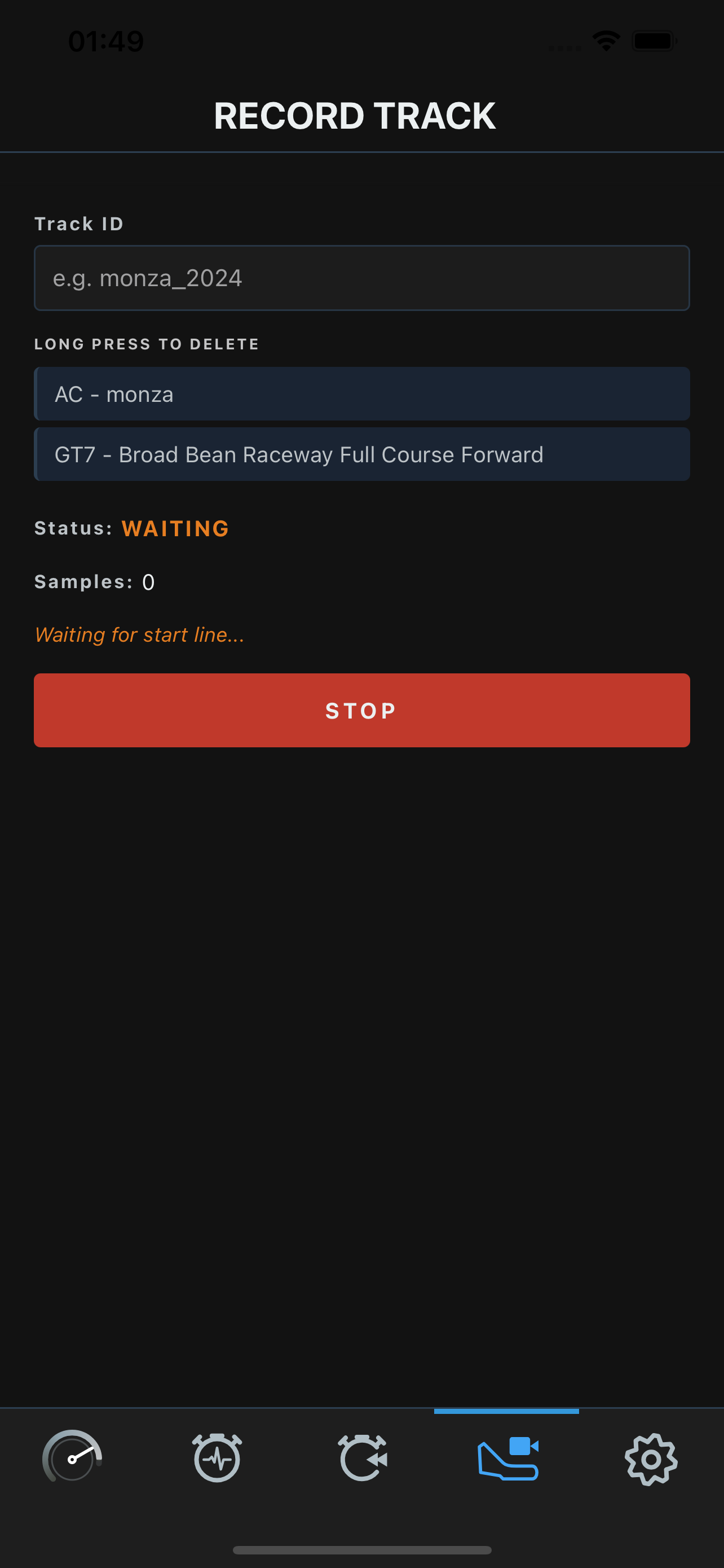 Record Track screen showing WAITING status and Waiting for start line message